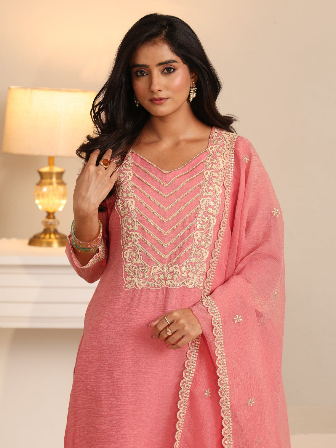 Mameraa Peach Orange Floral Embroidered Chiffon Straight Suit Set