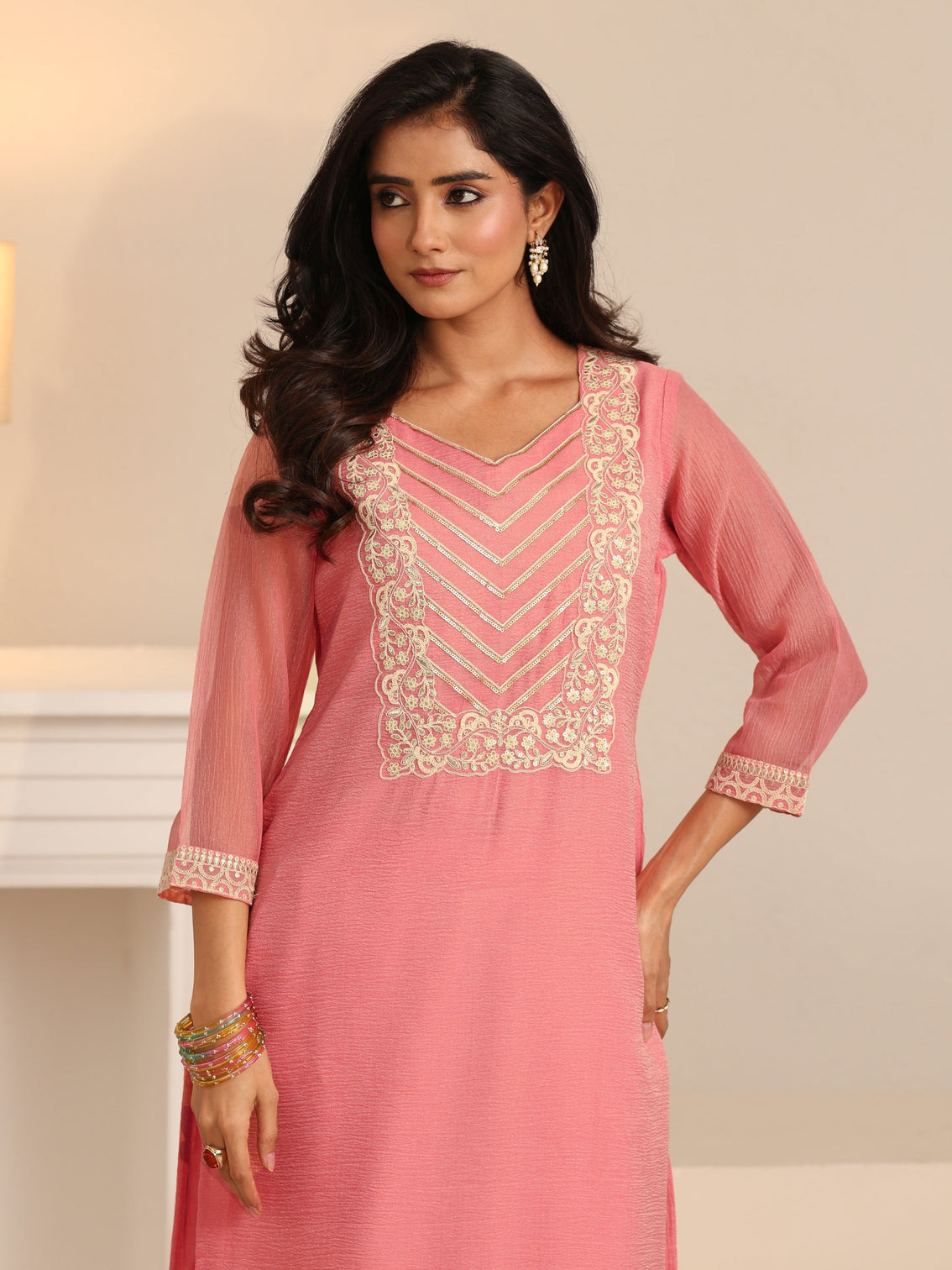 Mameraa Peach Orange Floral Embroidered Chiffon Straight Suit Set