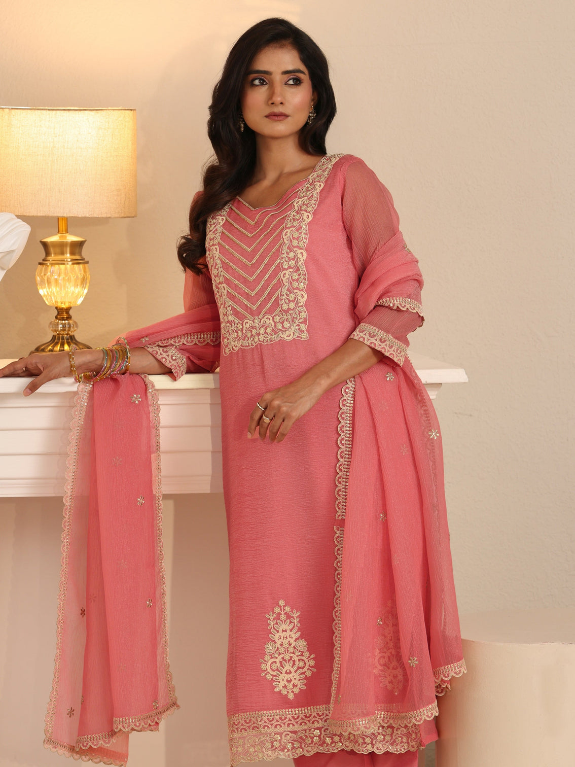 Mameraa Peach Orange Floral Embroidered Chiffon Straight Suit Set
