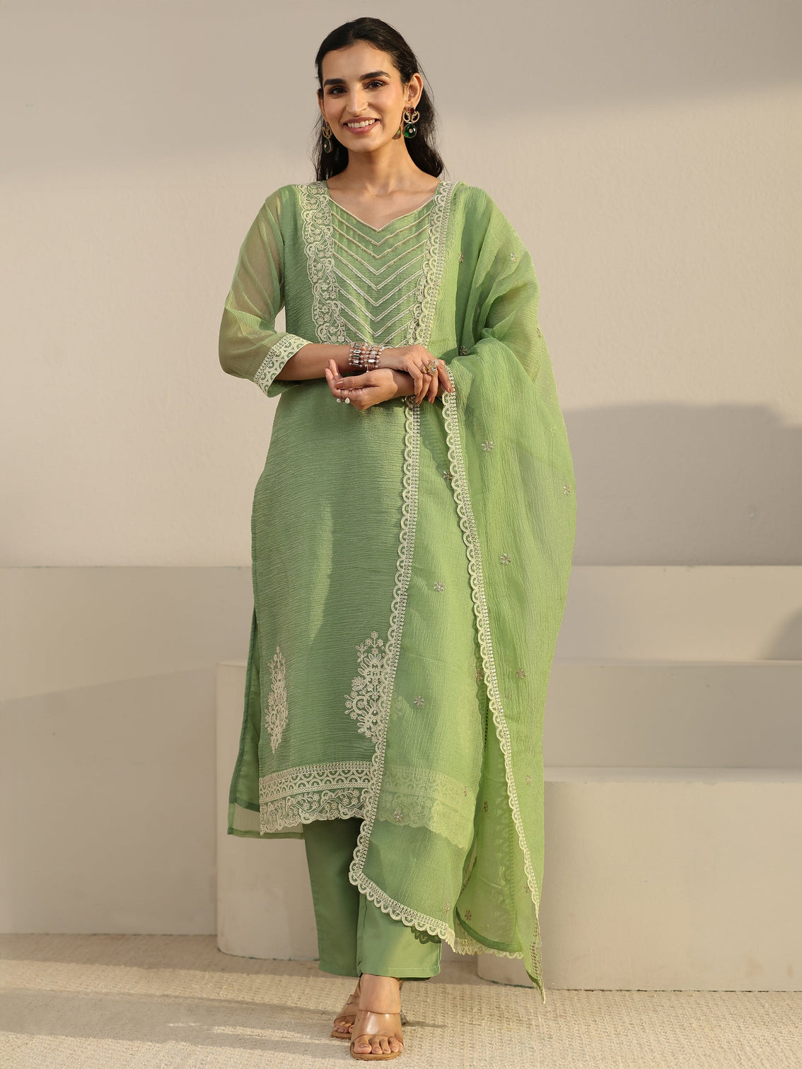 Mameraa Pista Green Floral Embroidered Chiffon Straight Suit Set