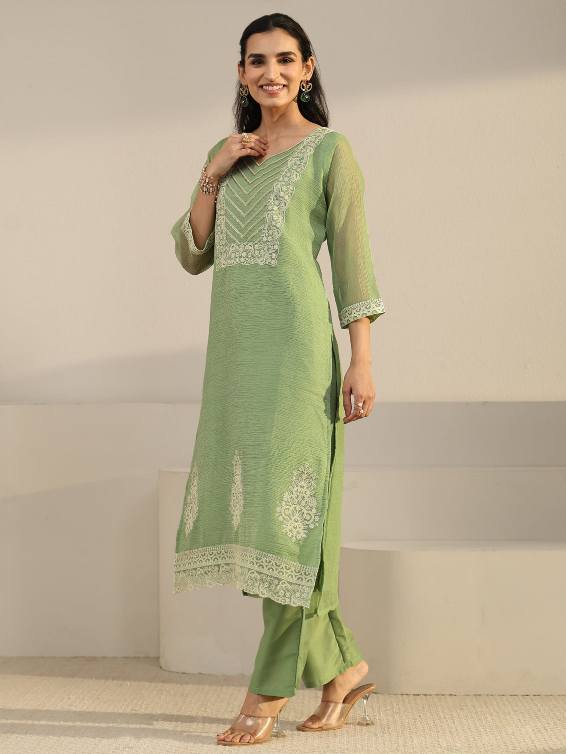 Mameraa Pista Green Floral Embroidered Chiffon Straight Suit Set