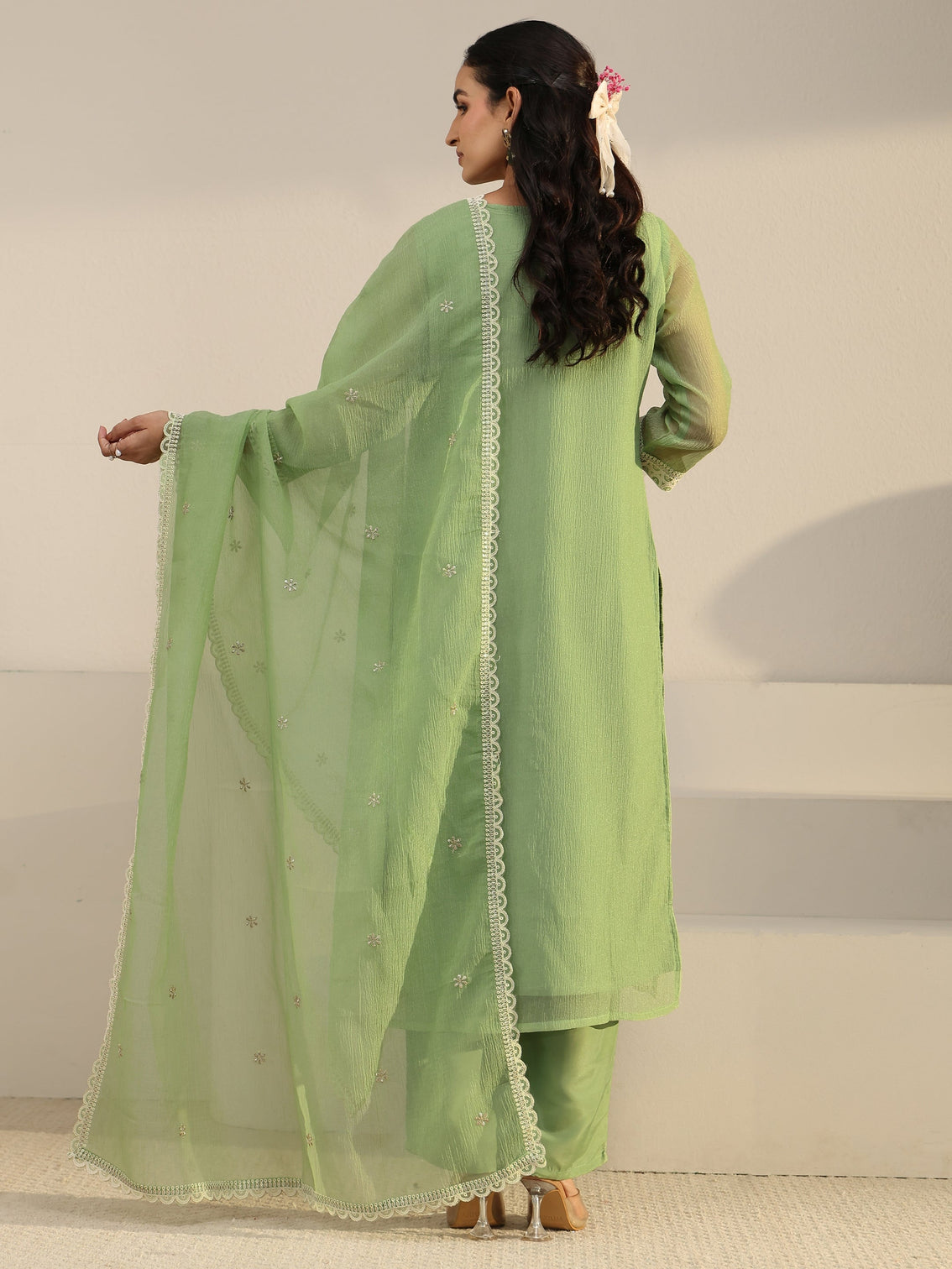 Mameraa Pista Green Floral Embroidered Chiffon Straight Suit Set