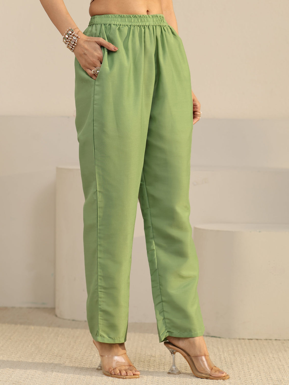 Mameraa Pista Green Floral Embroidered Chiffon Straight Suit Set