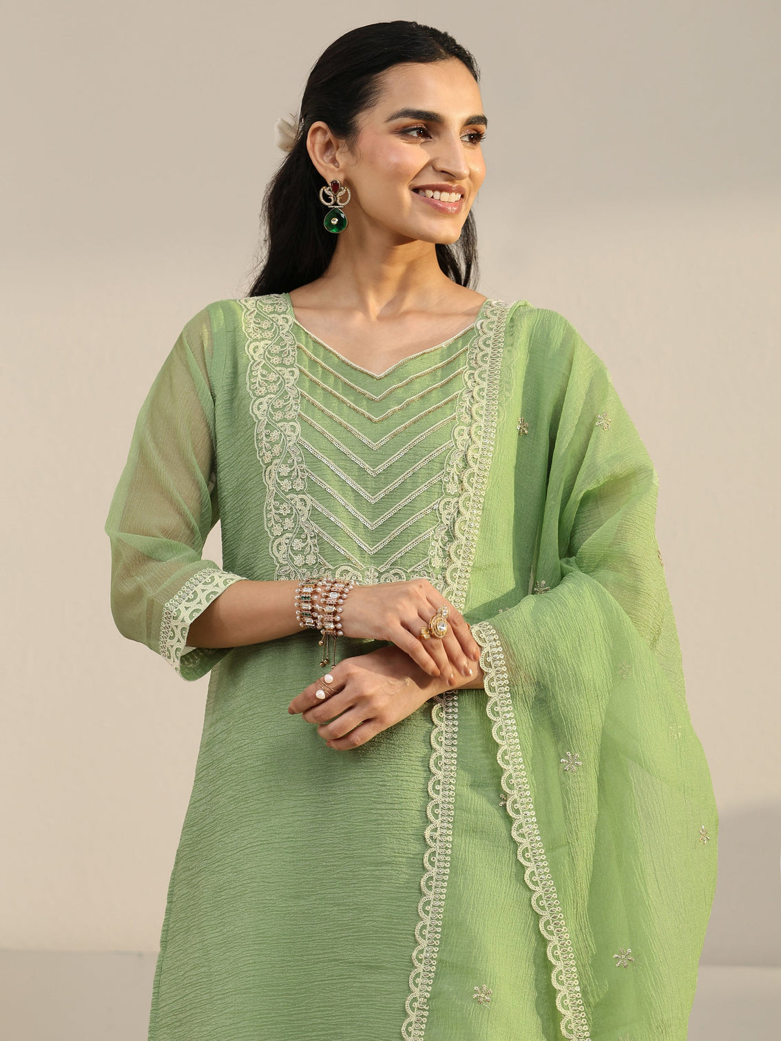 Mameraa Pista Green Floral Embroidered Chiffon Straight Suit Set