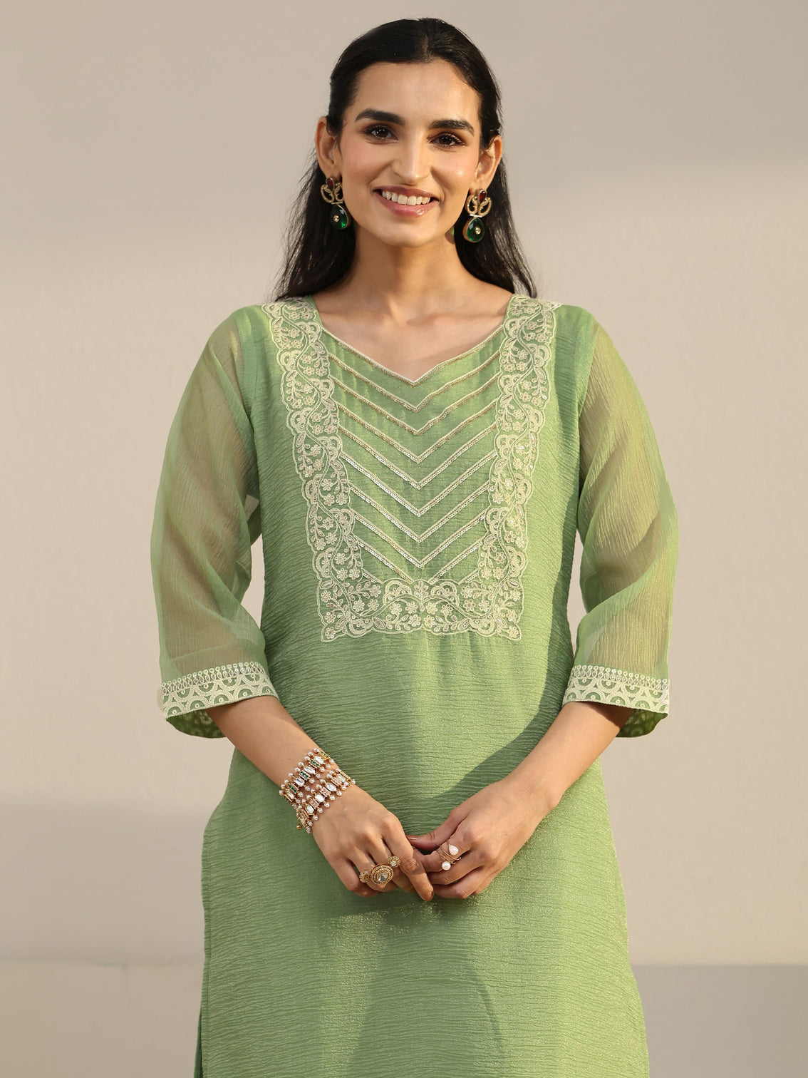 Mameraa Pista Green Floral Embroidered Chiffon Straight Suit Set