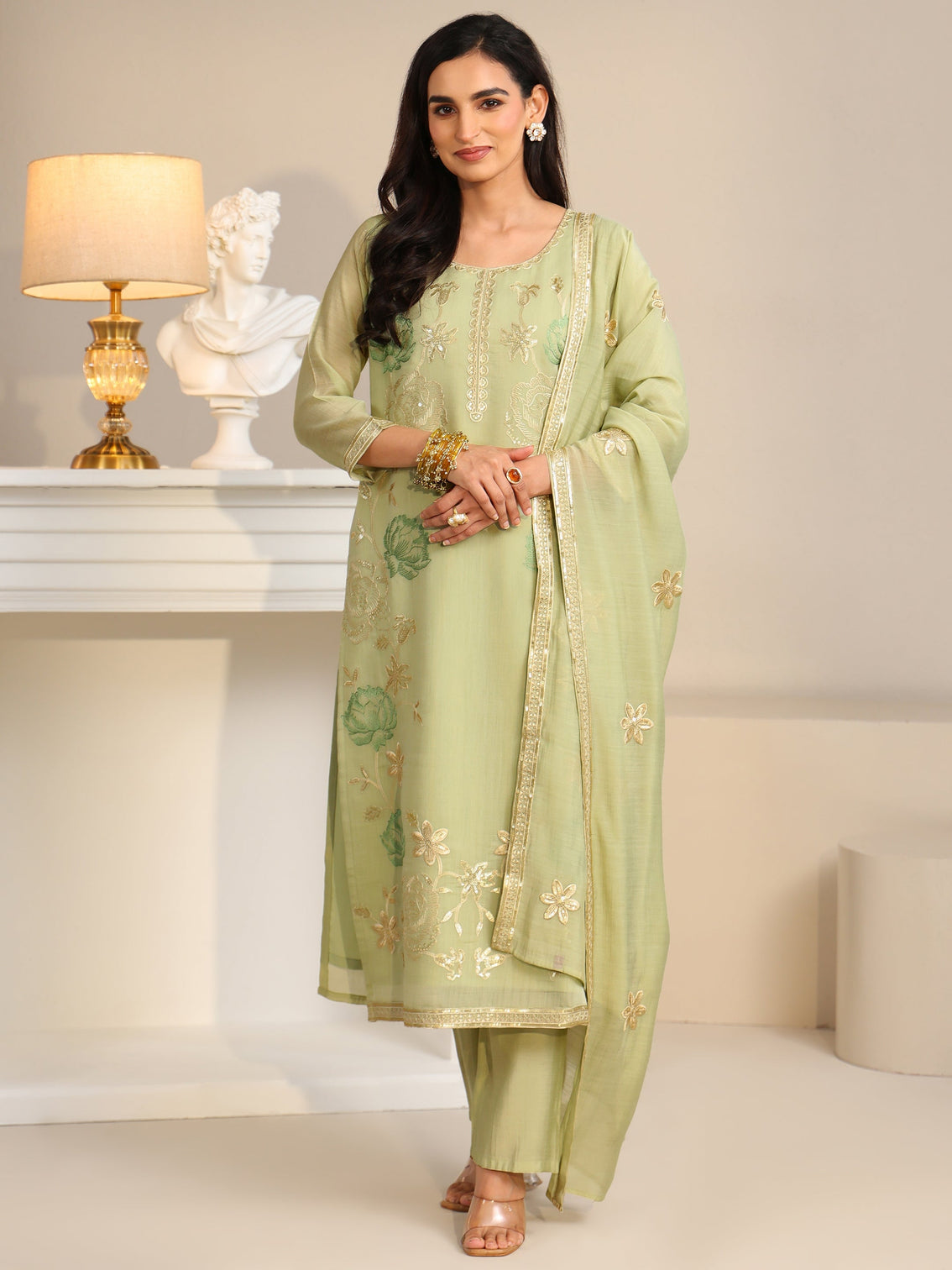 Mameraa Pista Green Floral Embroidered Silk Blend Straight Suit Set
