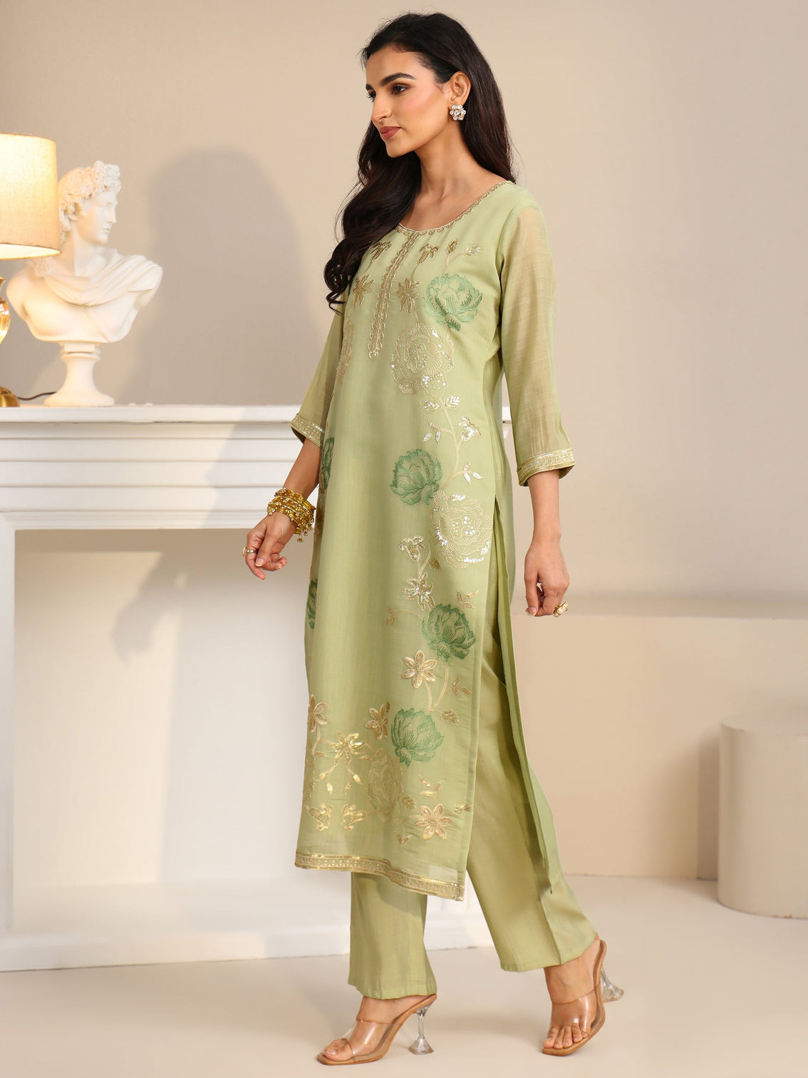 Mameraa Pista Green Floral Embroidered Silk Blend Straight Suit Set