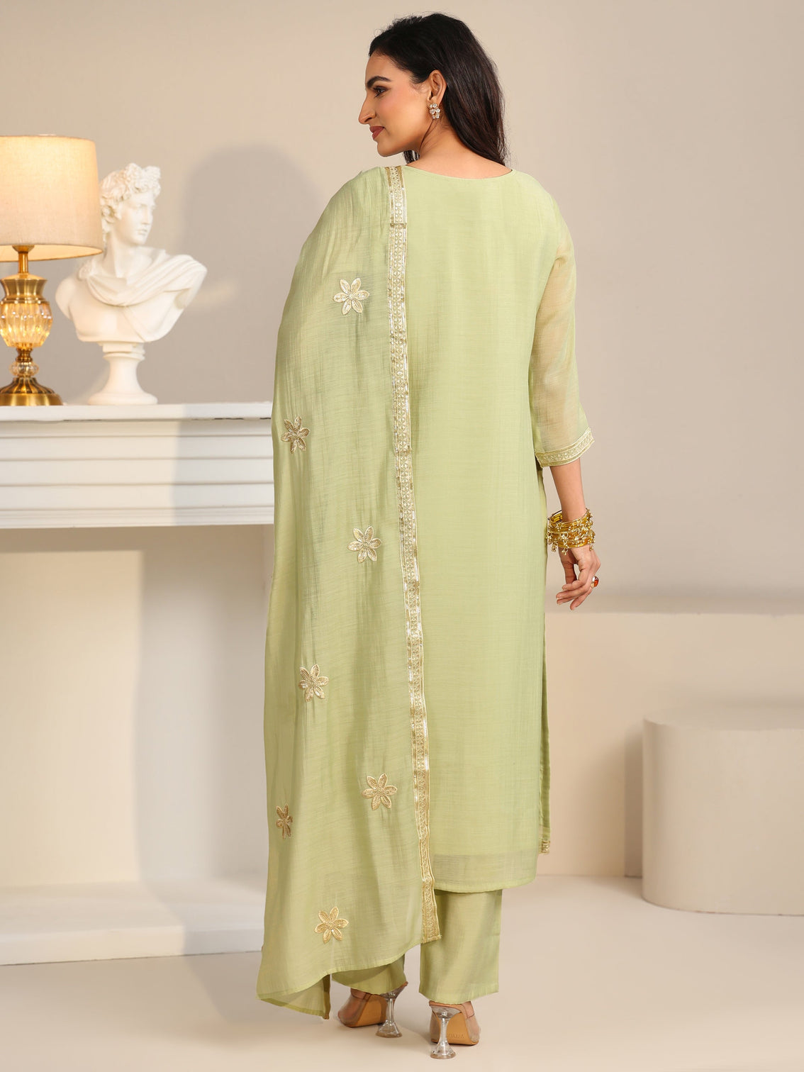 Mameraa Pista Green Floral Embroidered Silk Blend Straight Suit Set