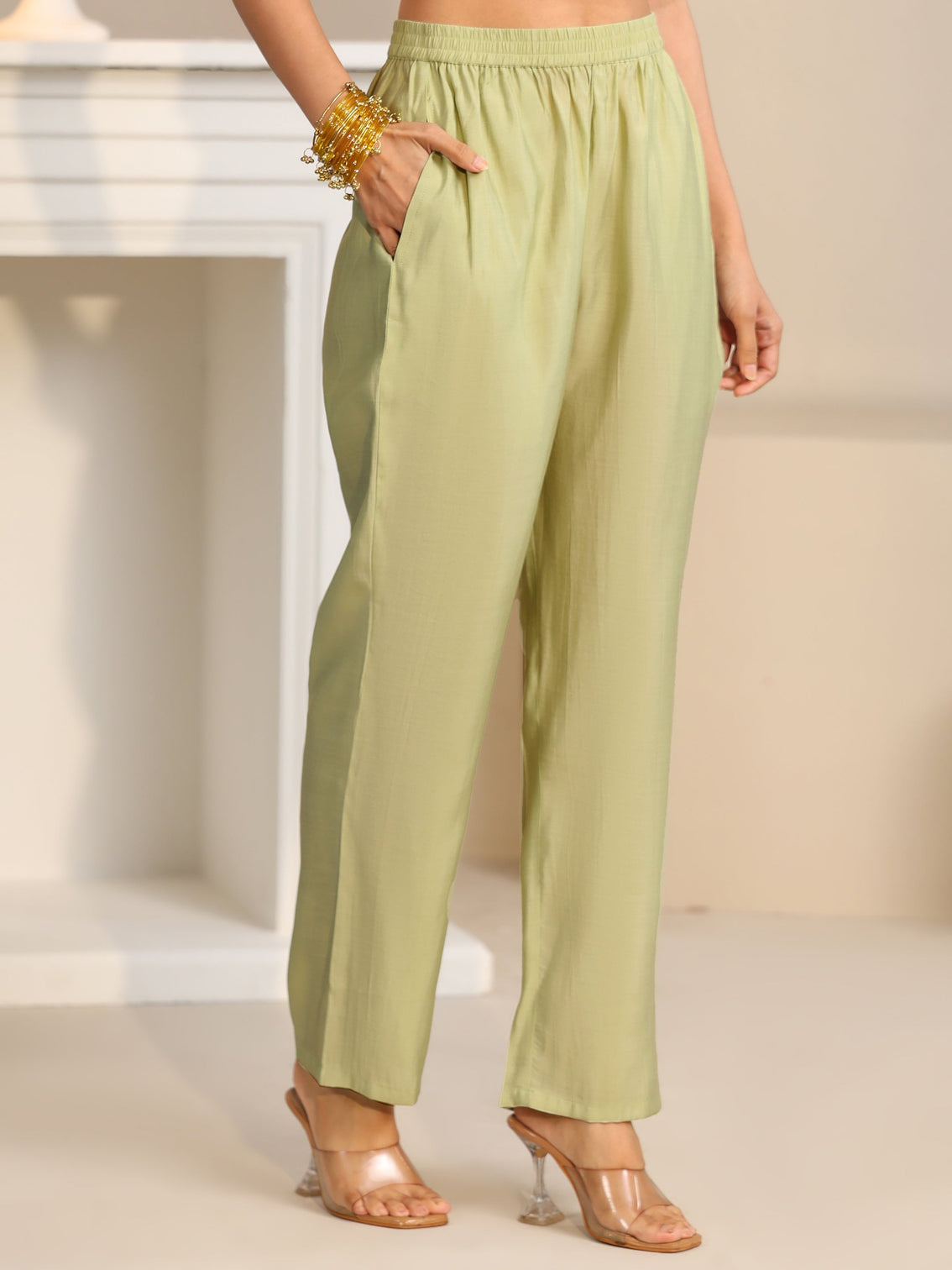 Mameraa Pista Green Floral Embroidered Silk Blend Straight Suit Set