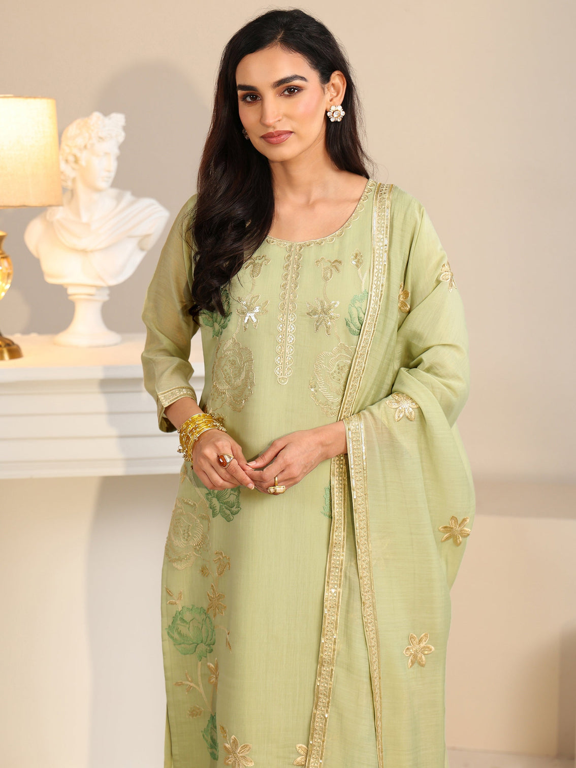 Mameraa Pista Green Floral Embroidered Silk Blend Straight Suit Set
