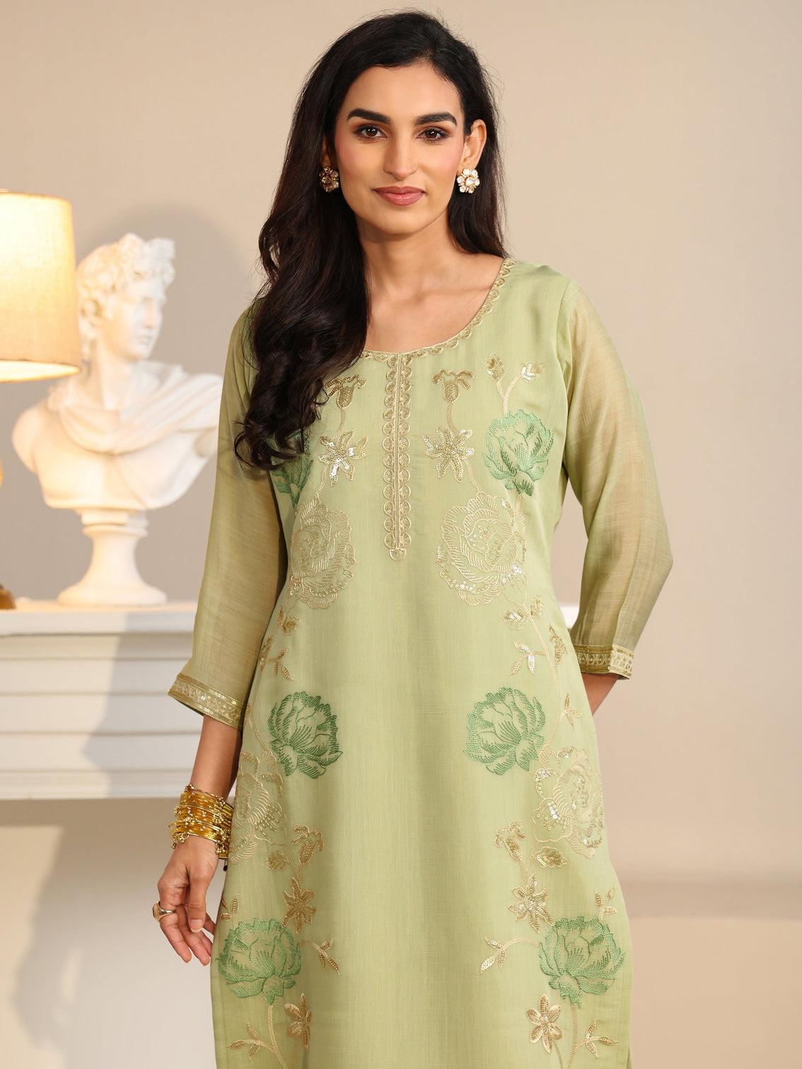 Mameraa Pista Green Floral Embroidered Silk Blend Straight Suit Set