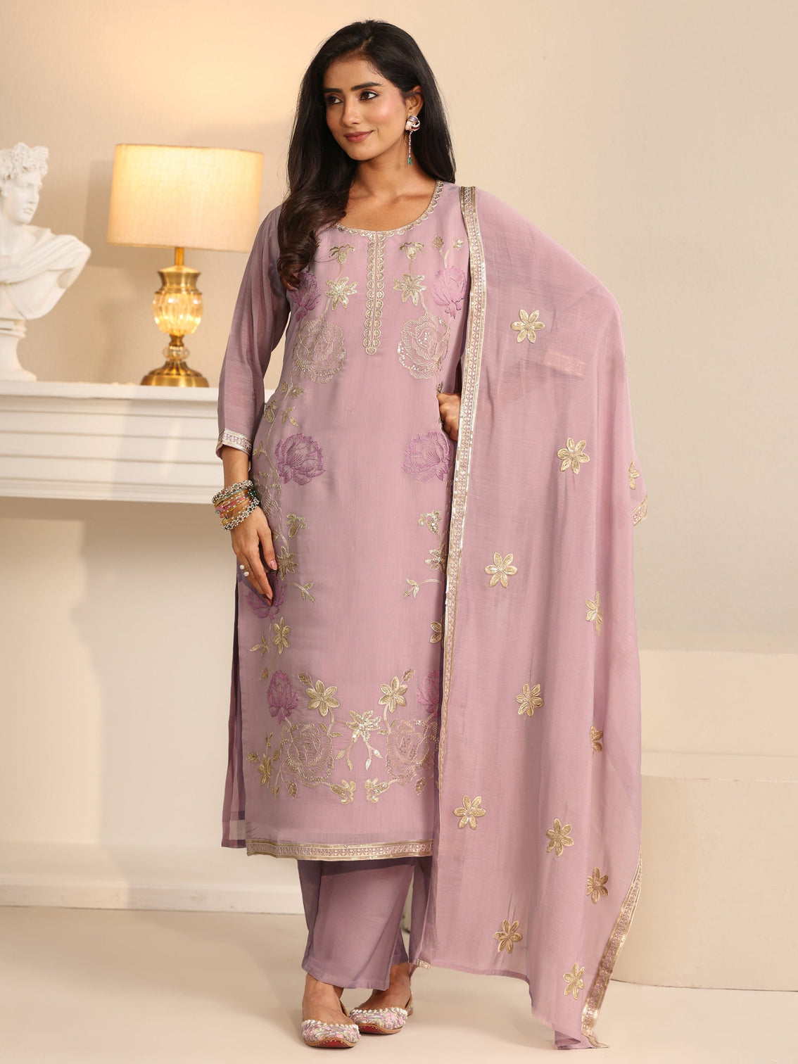 Mameraa Dusty Lilac Floral Embroidered Silk Blend Straight Suit Set