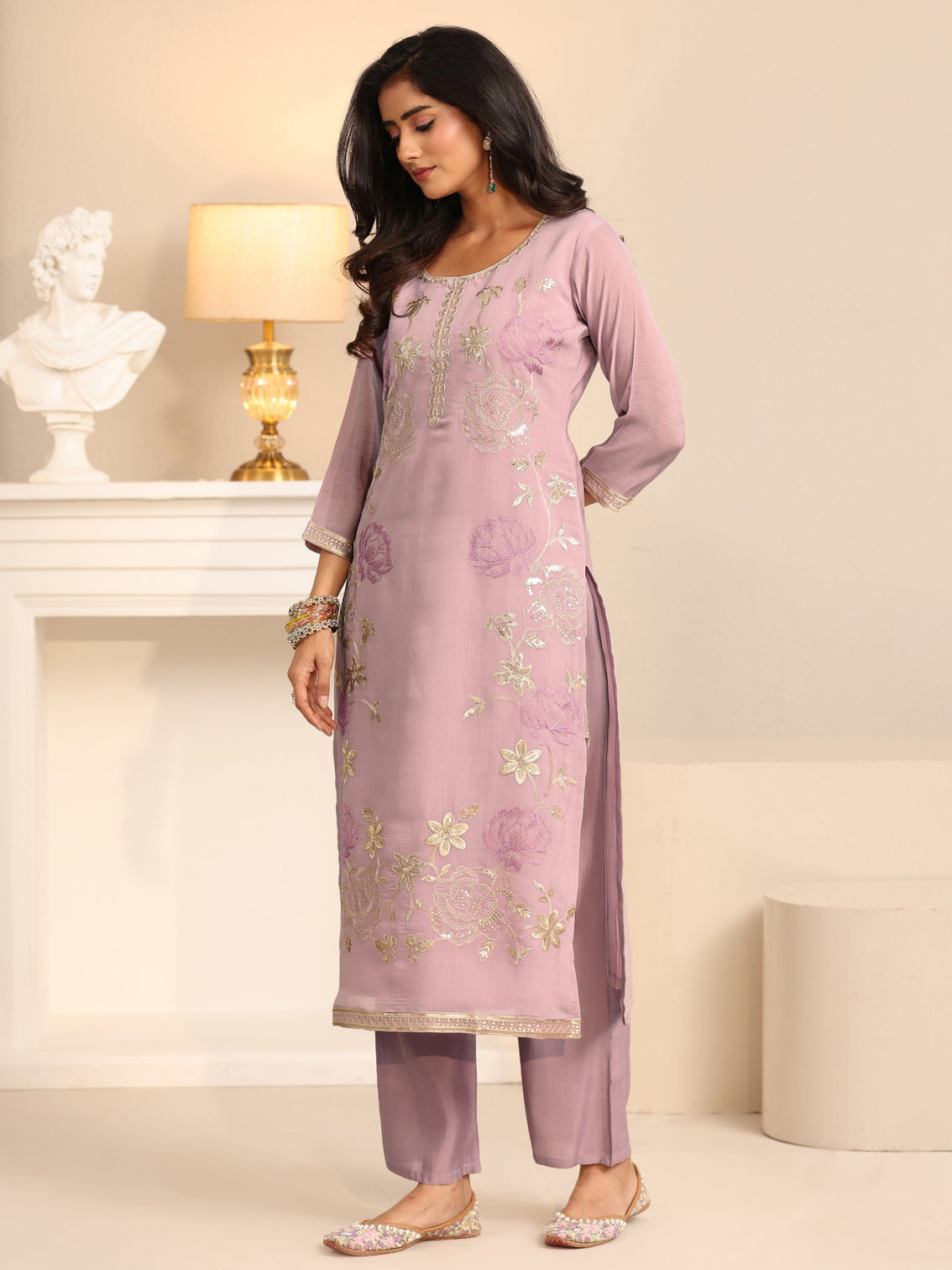 Mameraa Dusty Lilac Floral Embroidered Silk Blend Straight Suit Set
