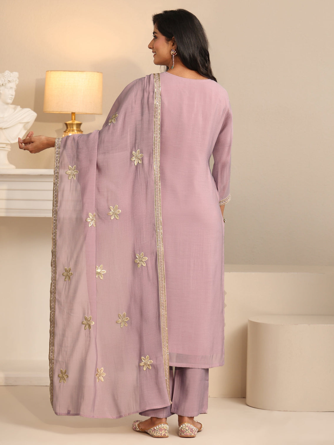 Mameraa Dusty Lilac Floral Embroidered Silk Blend Straight Suit Set