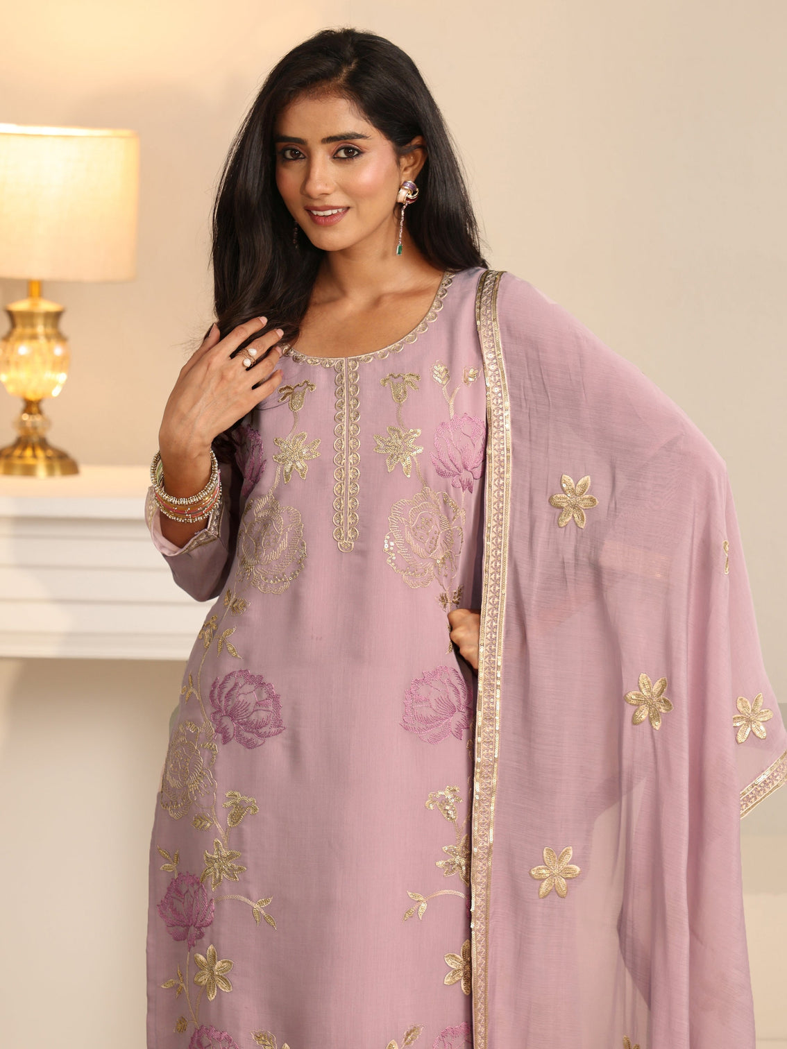 Mameraa Dusty Lilac Floral Embroidered Silk Blend Straight Suit Set