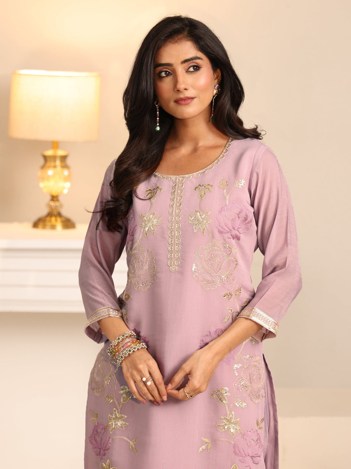Mameraa Dusty Lilac Floral Embroidered Silk Blend Straight Suit Set