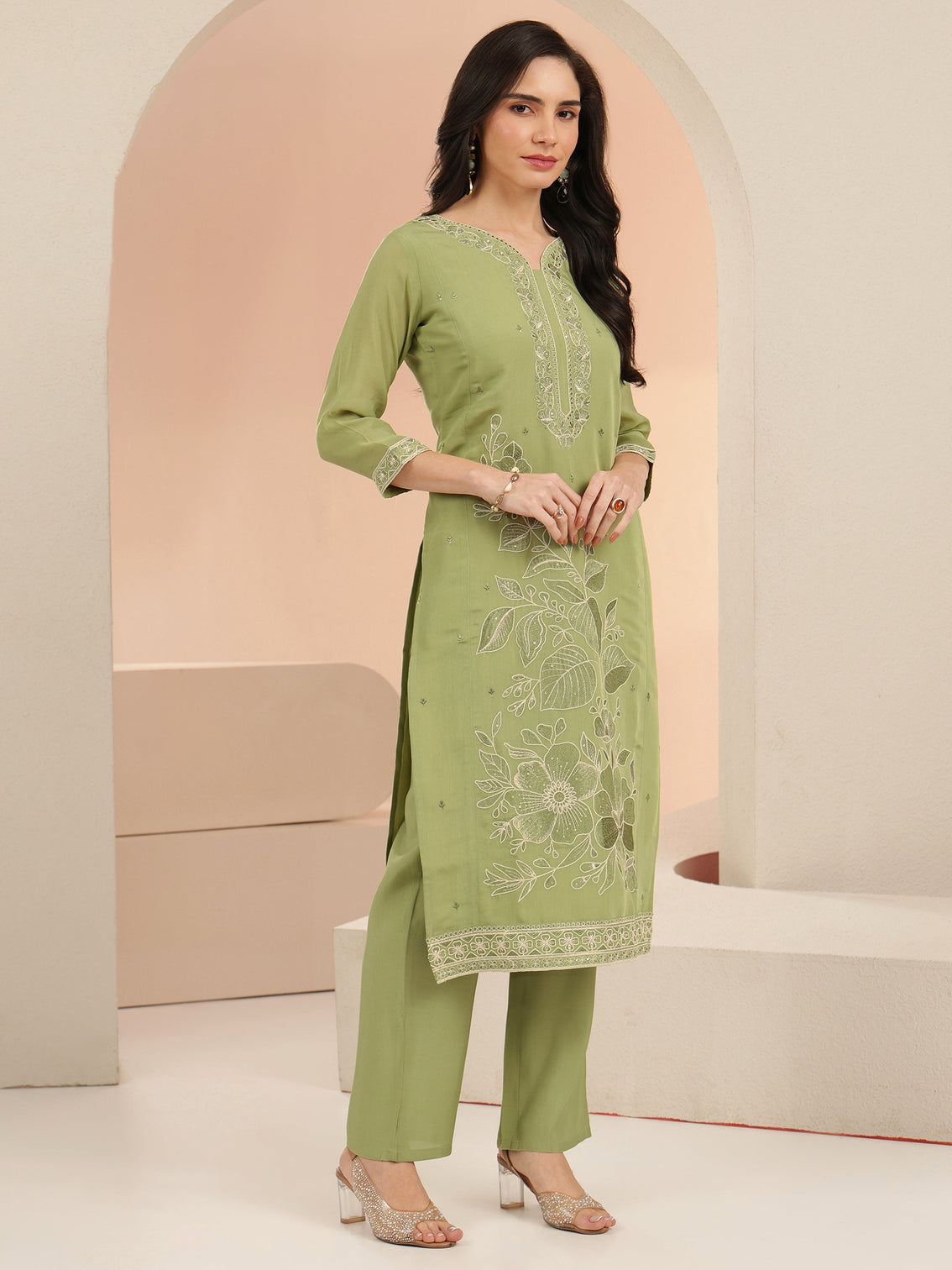 Mameraa Pista Green Floral Embroidered Silk Blend Straight Suit Set