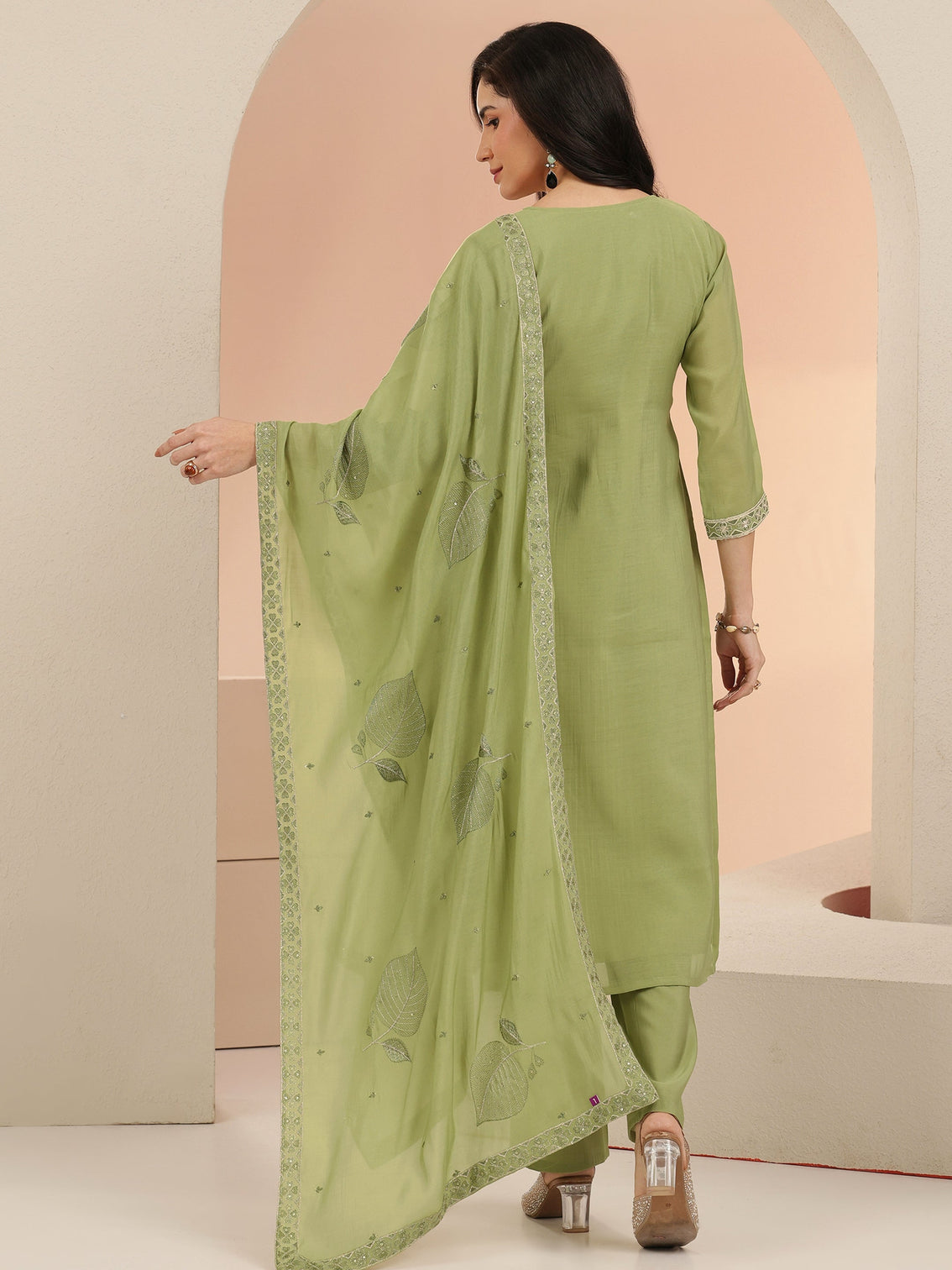 Mameraa Pista Green Floral Embroidered Silk Blend Straight Suit Set