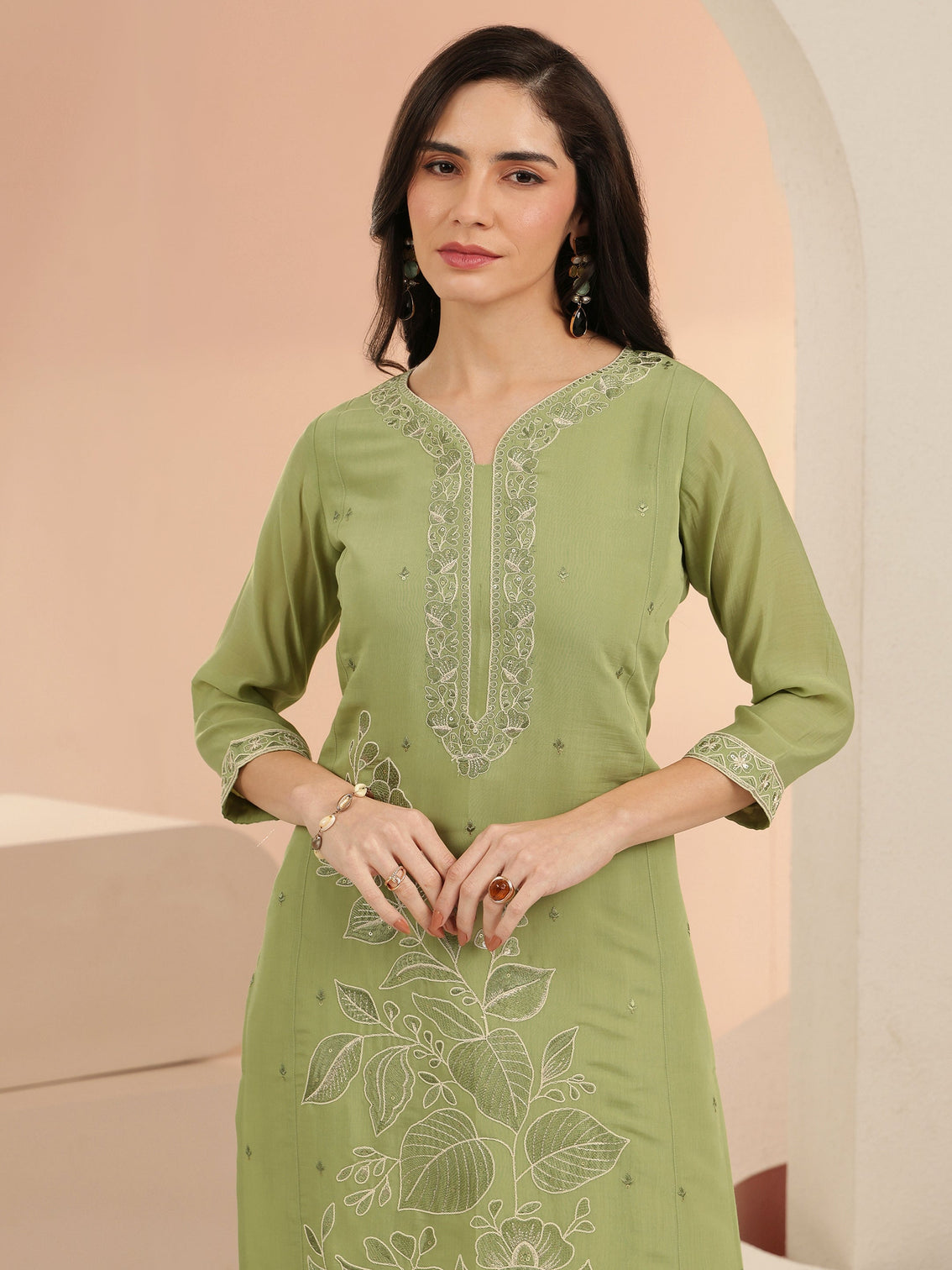 Mameraa Pista Green Floral Embroidered Silk Blend Straight Suit Set