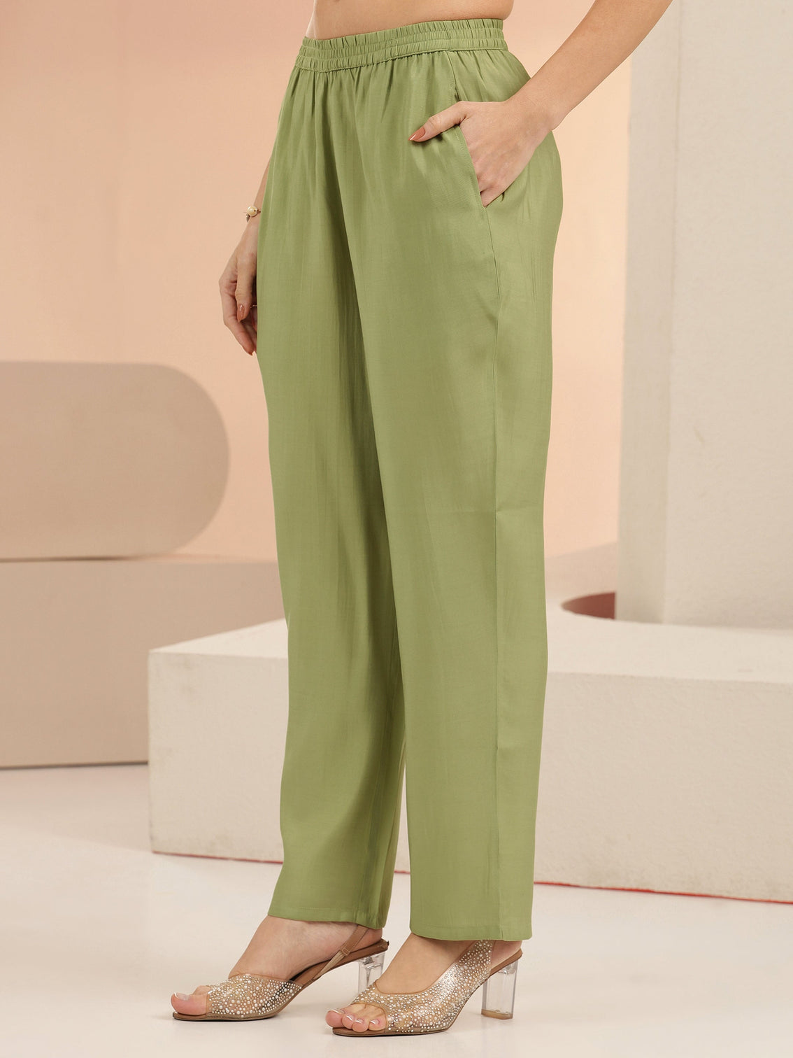 Mameraa Pista Green Floral Embroidered Silk Blend Straight Suit Set