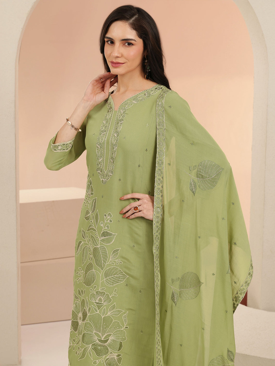 Mameraa Pista Green Floral Embroidered Silk Blend Straight Suit Set