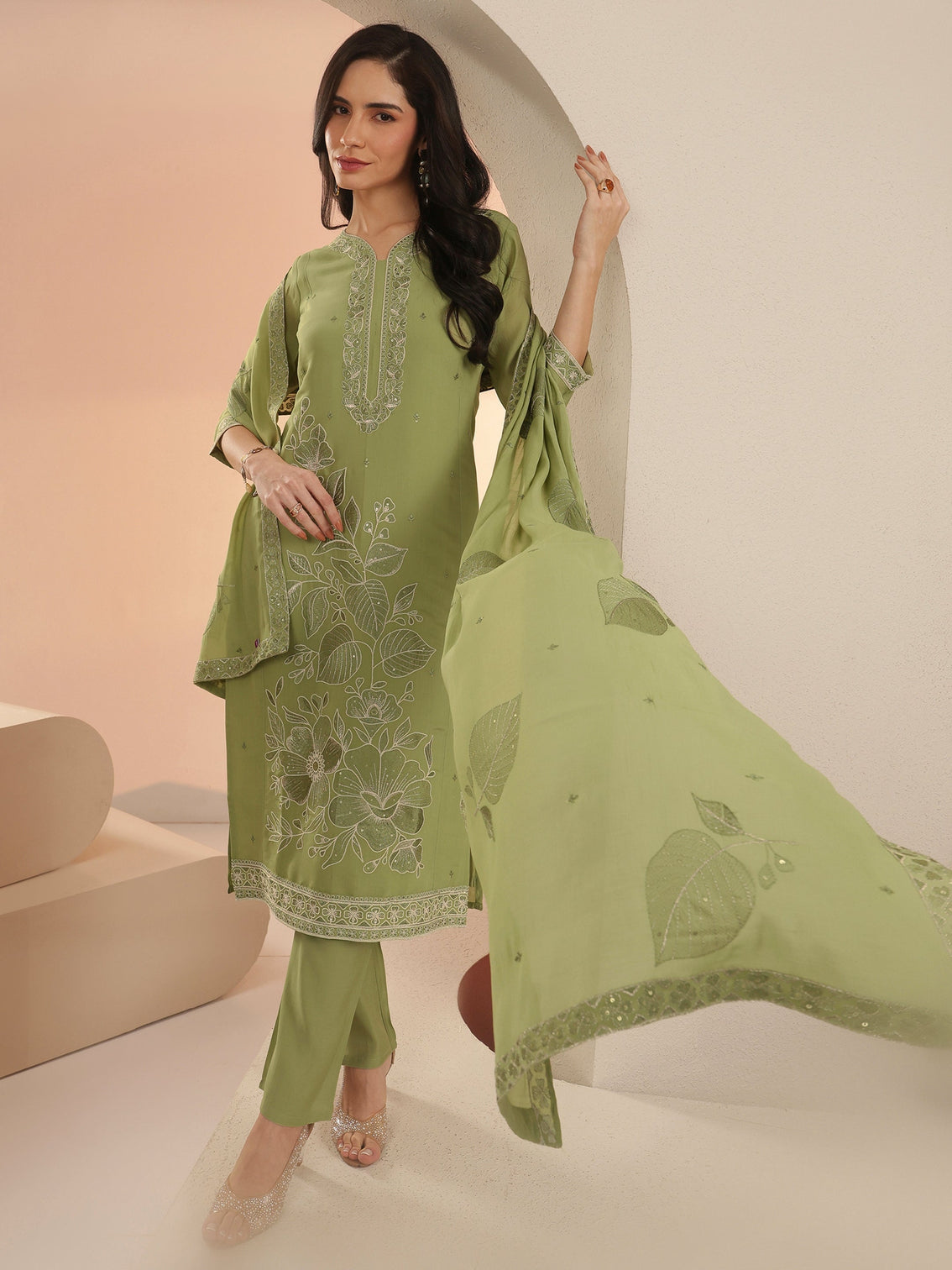 Mameraa Pista Green Floral Embroidered Silk Blend Straight Suit Set