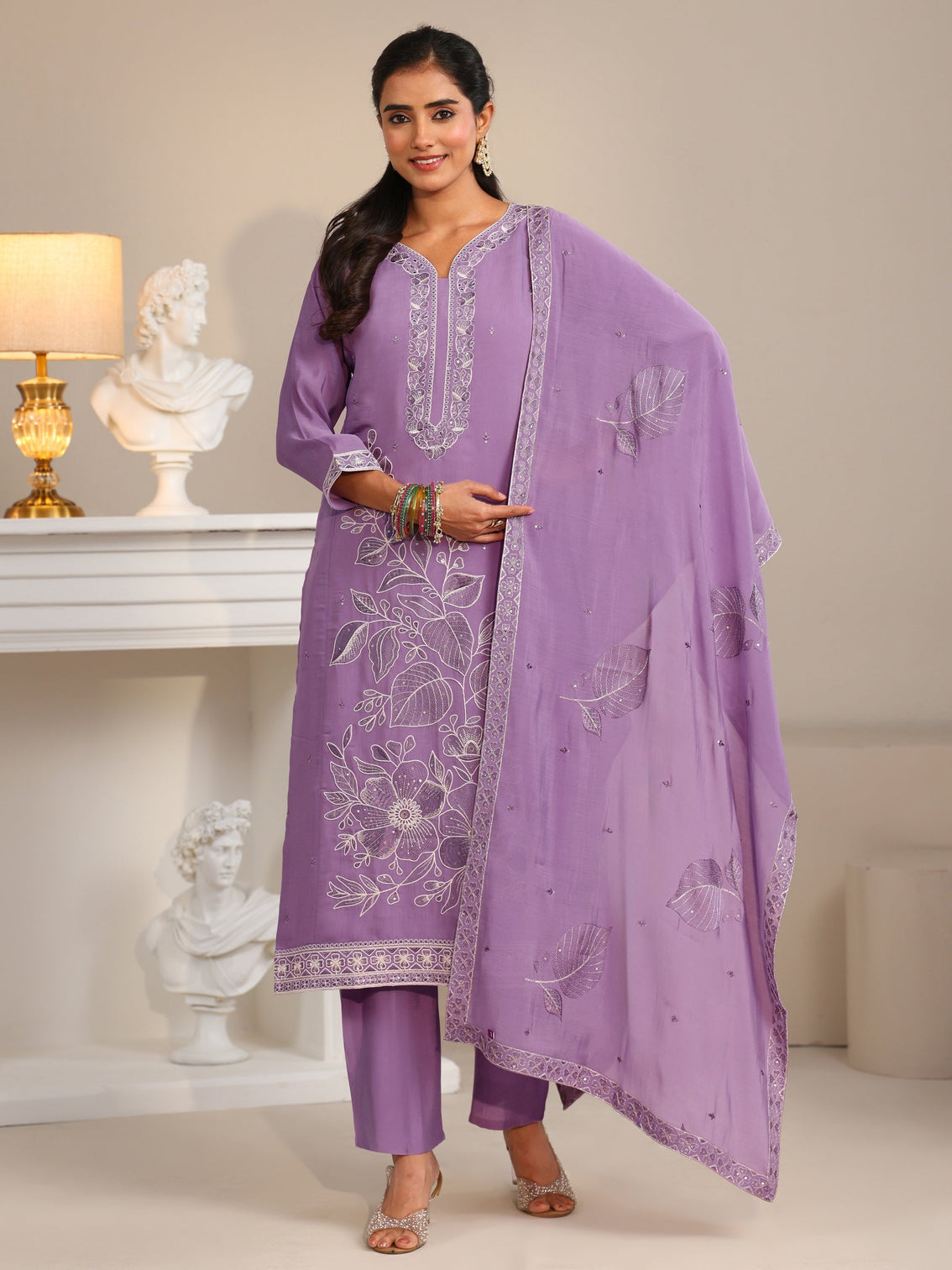 Mameraa Lavender Floral Embroidered Silk Bkend Straight Suit Set