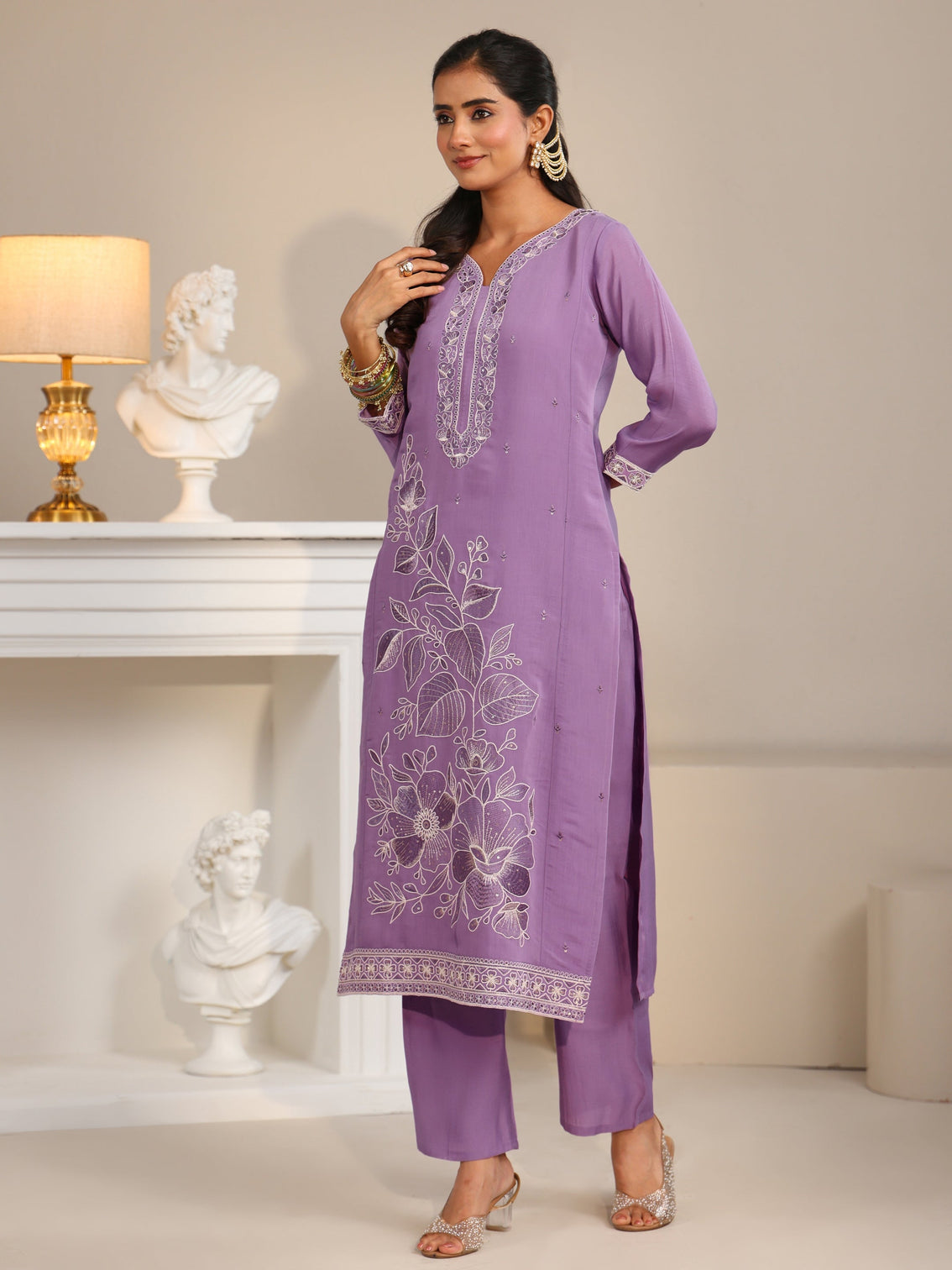 Mameraa Lavender Floral Embroidered Silk Bkend Straight Suit Set