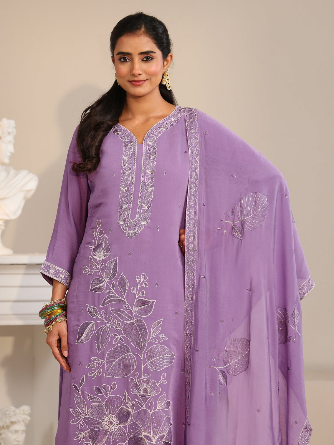 Mameraa Lavender Floral Embroidered Silk Bkend Straight Suit Set