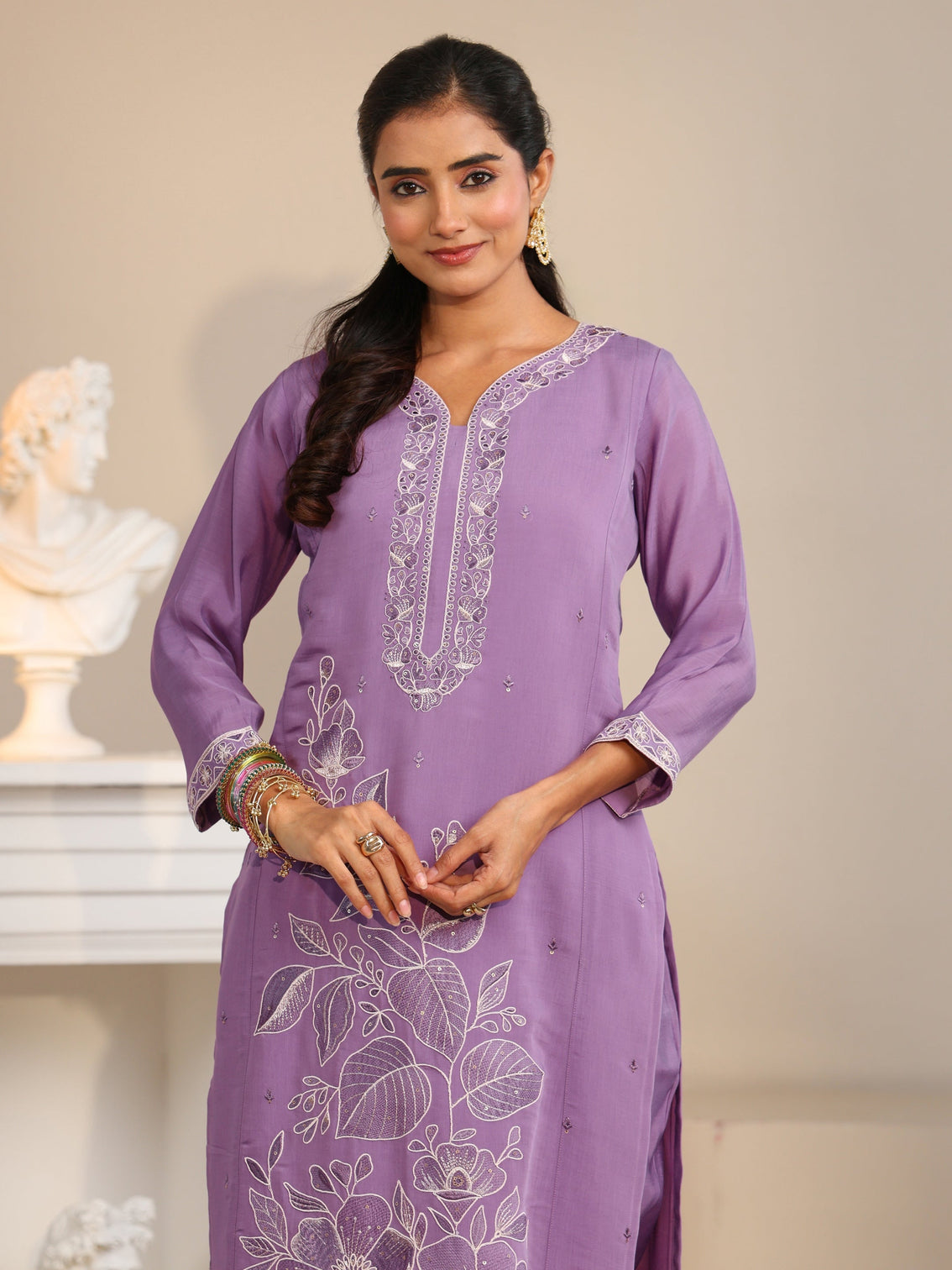 Mameraa Lavender Floral Embroidered Silk Bkend Straight Suit Set