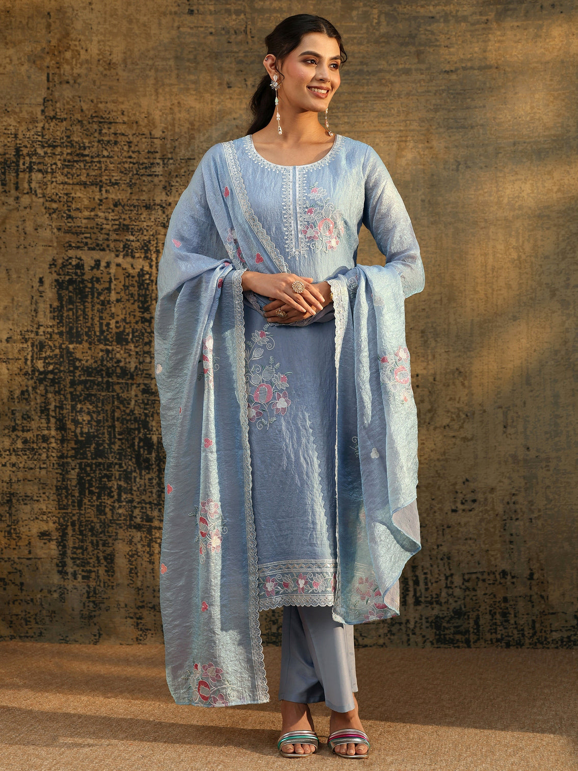 Mameraa Ice Blue Floral Embroidered Organza Straight Suit Set