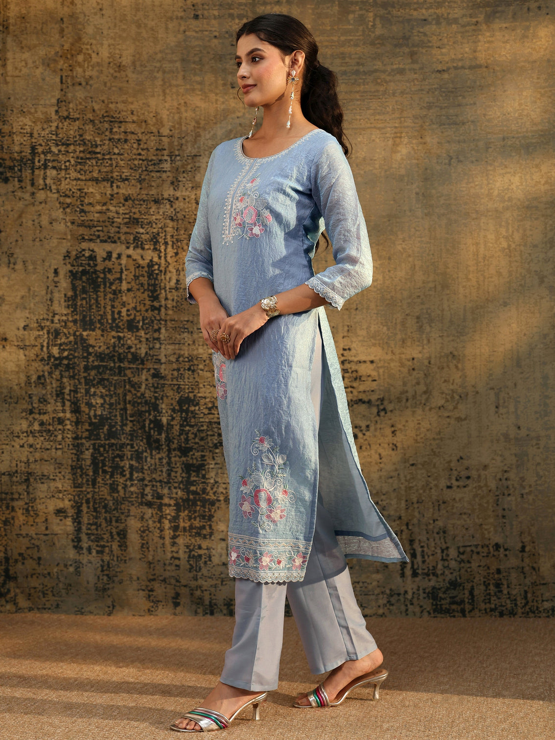 Mameraa Ice Blue Floral Embroidered Organza Straight Suit Set