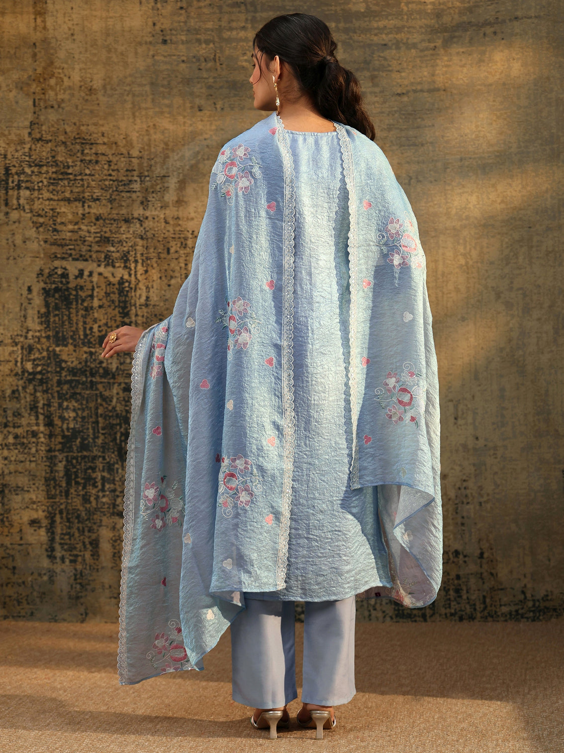 Mameraa Ice Blue Floral Embroidered Organza Straight Suit Set