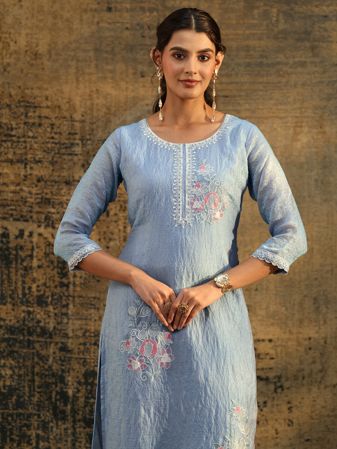 Mameraa Ice Blue Floral Embroidered Organza Straight Suit Set