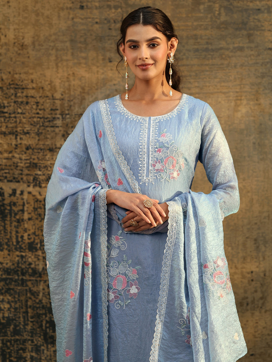 Mameraa Ice Blue Floral Embroidered Organza Straight Suit Set