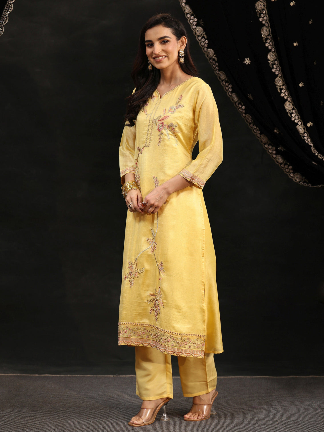 Mameraa Butter Yellow Floral Embroidered Silk Blend Straight Suit Set