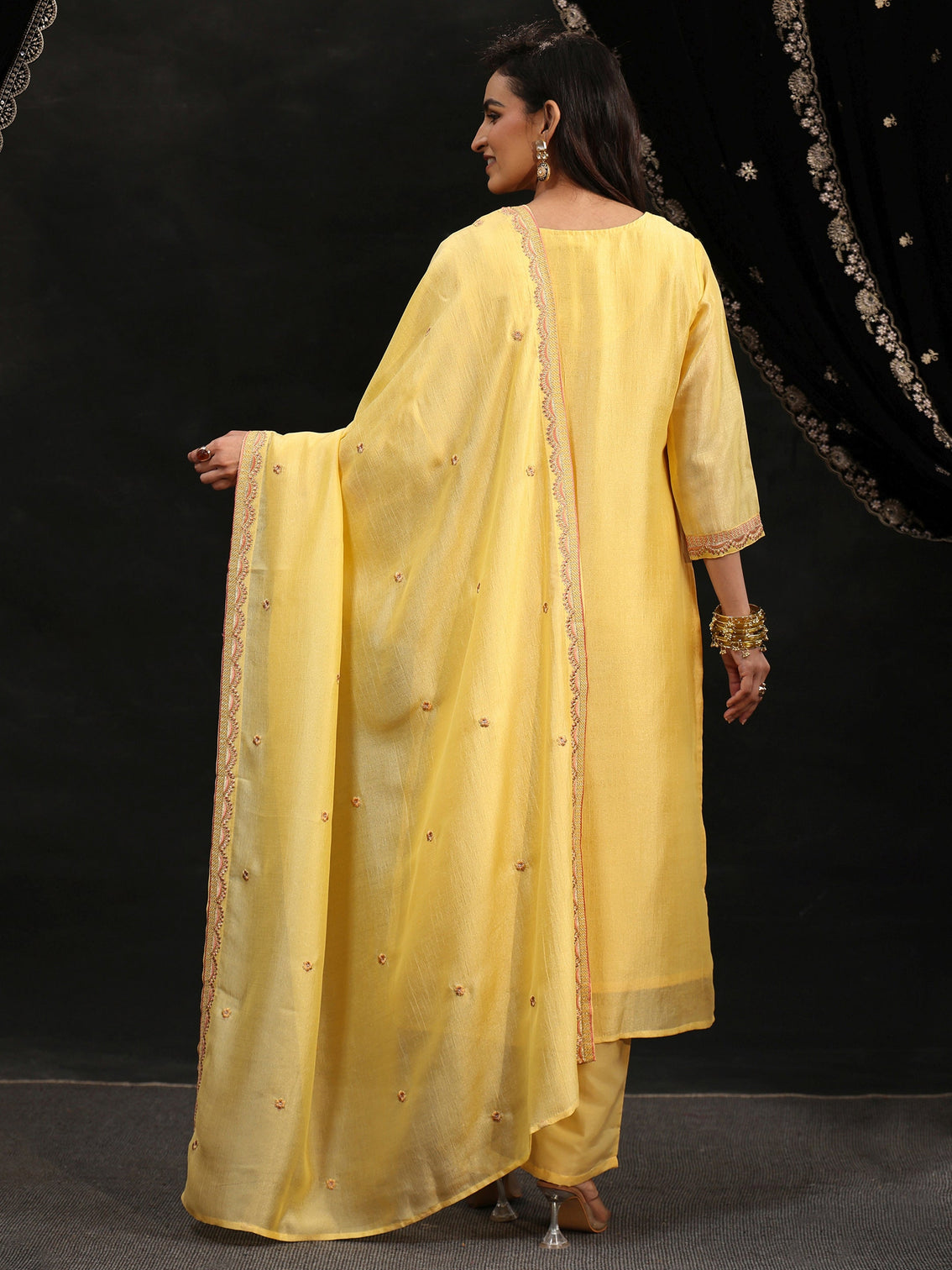 Mameraa Butter Yellow Floral Embroidered Silk Blend Straight Suit Set