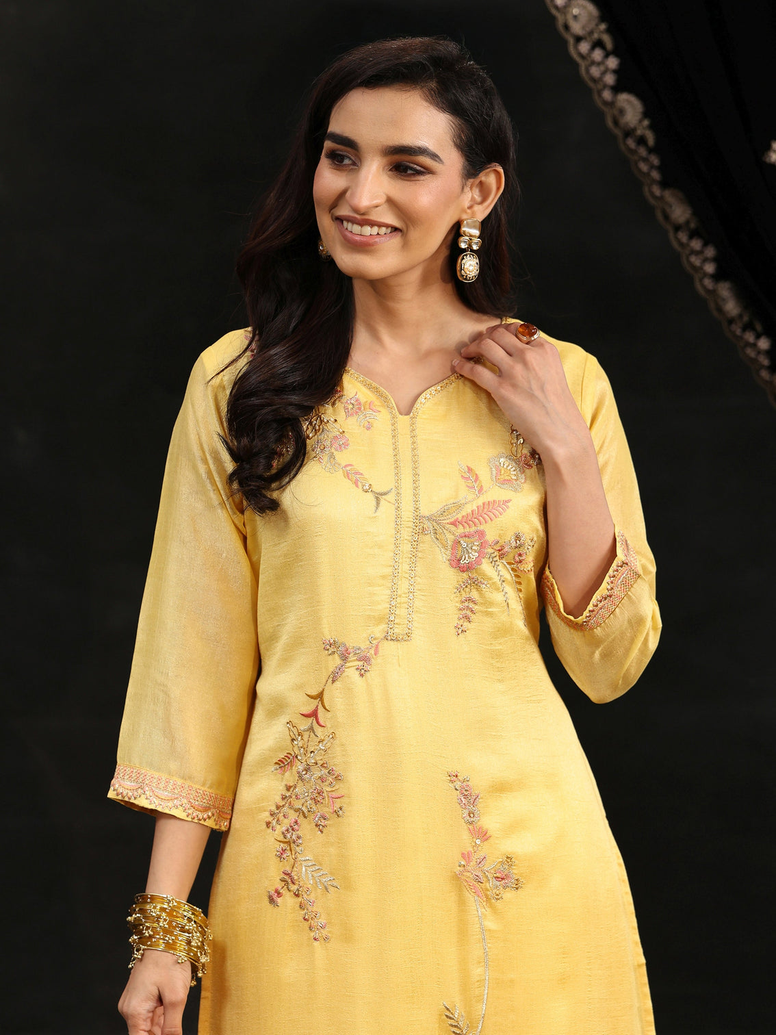 Mameraa Butter Yellow Floral Embroidered Silk Blend Straight Suit Set