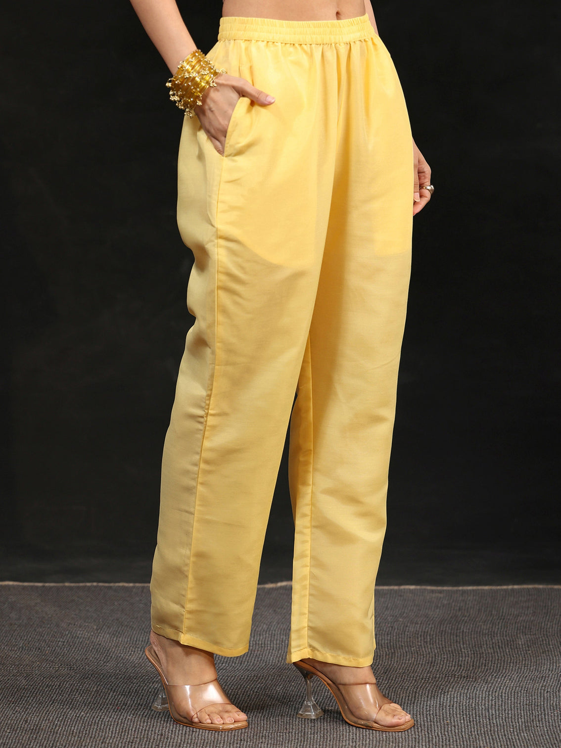 Mameraa Butter Yellow Floral Embroidered Silk Blend Straight Suit Set