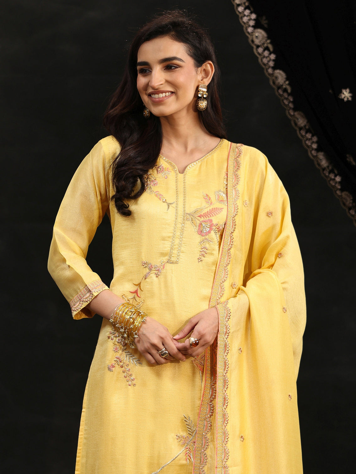 Mameraa Butter Yellow Floral Embroidered Silk Blend Straight Suit Set