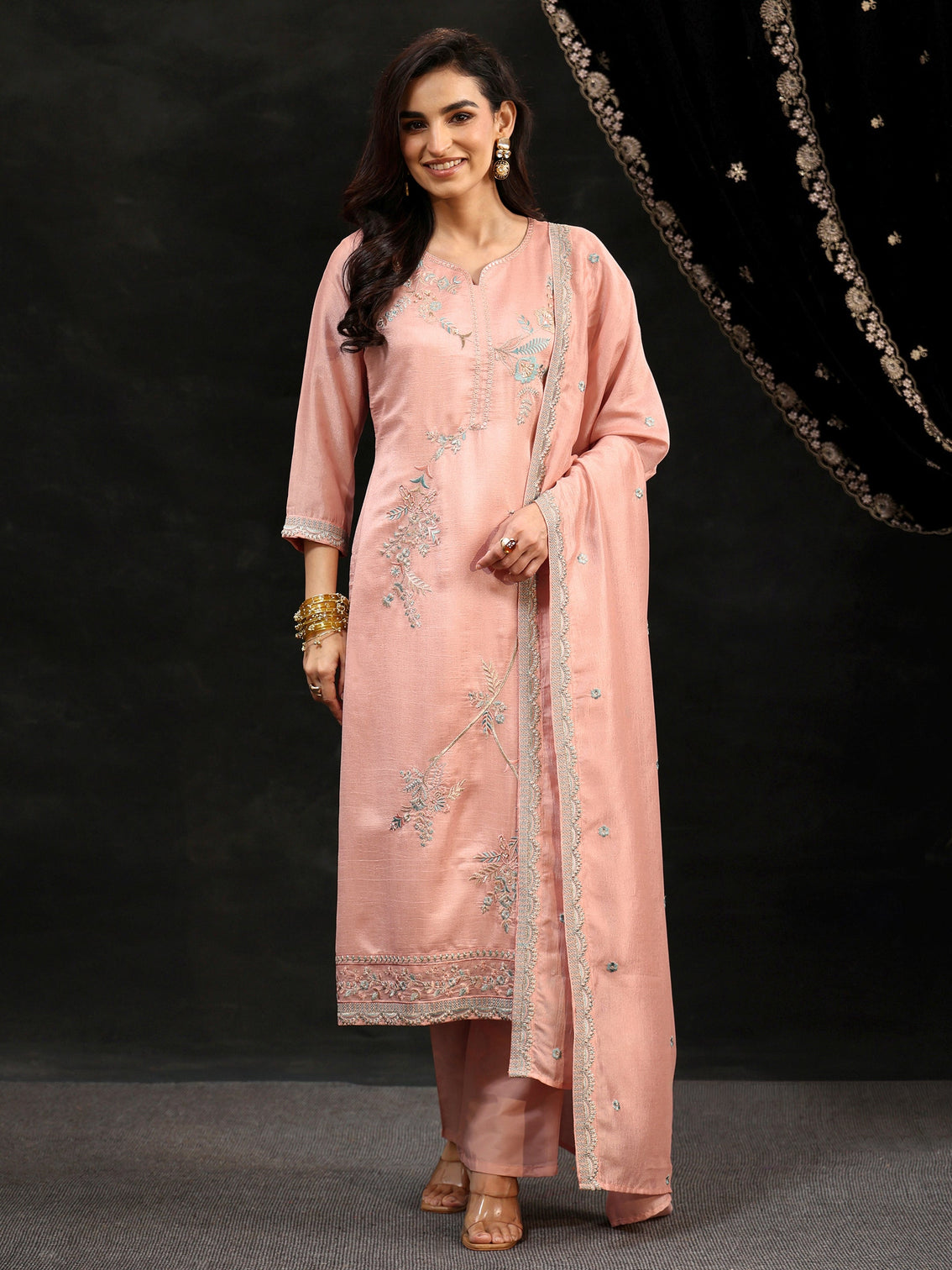 Mameraa Baby Pink Floral Embroidered Silk Blend Straight Suit Set
