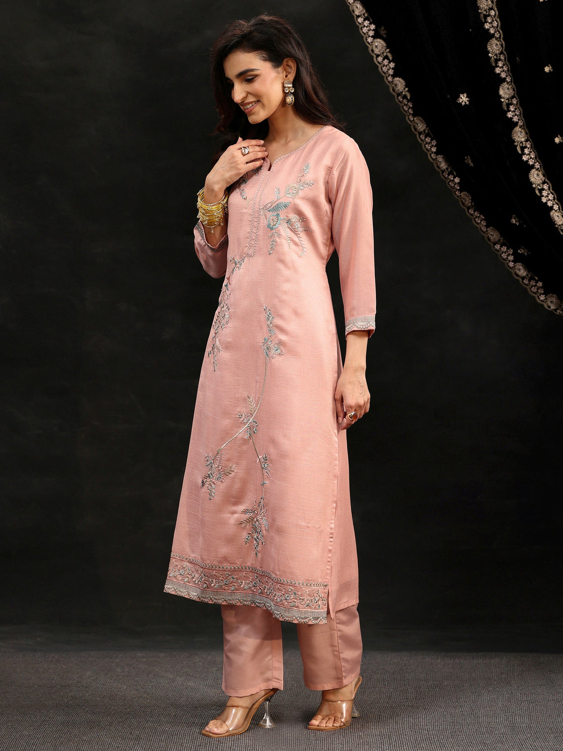 Mameraa Baby Pink Floral Embroidered Silk Blend Straight Suit Set