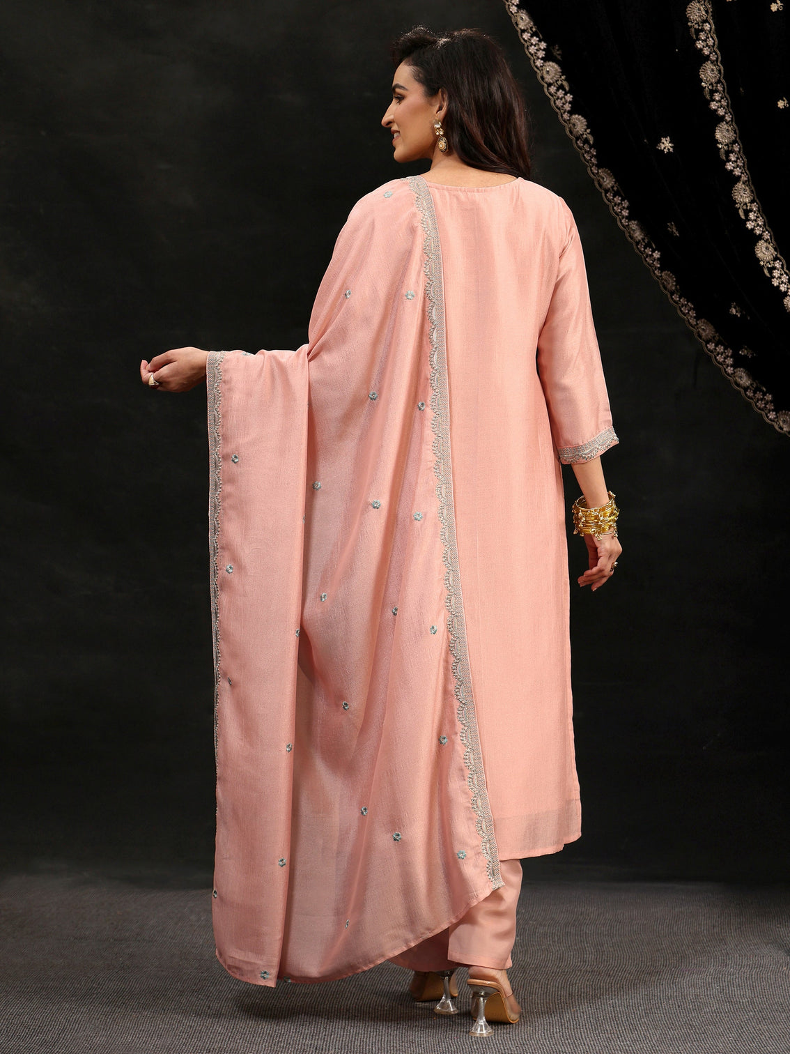 Mameraa Baby Pink Floral Embroidered Silk Blend Straight Suit Set