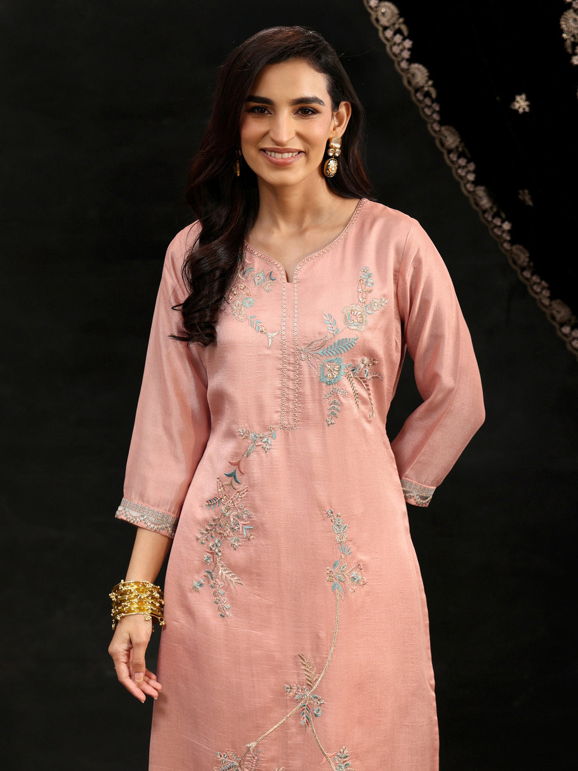 Mameraa Baby Pink Floral Embroidered Silk Blend Straight Suit Set