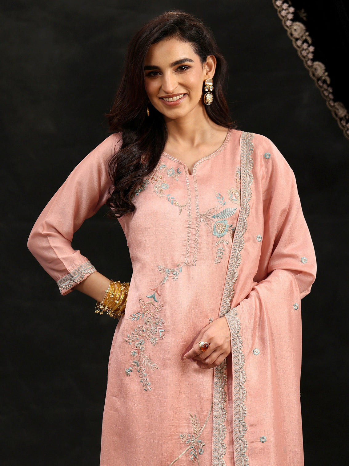 Mameraa Baby Pink Floral Embroidered Silk Blend Straight Suit Set