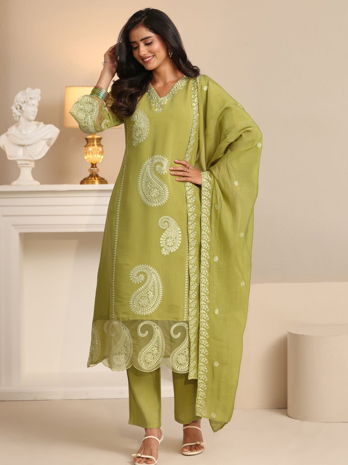 Mameraa Olive Green Paisley Embroidered Chanderi Cotton Straight Suit Set