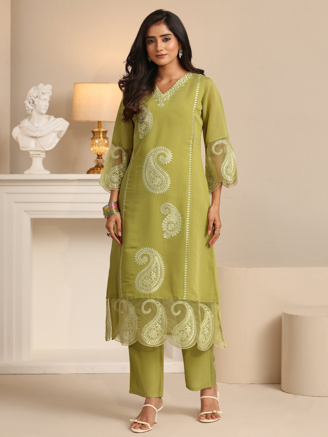Mameraa Olive Green Paisley Embroidered Chanderi Cotton Straight Suit Set