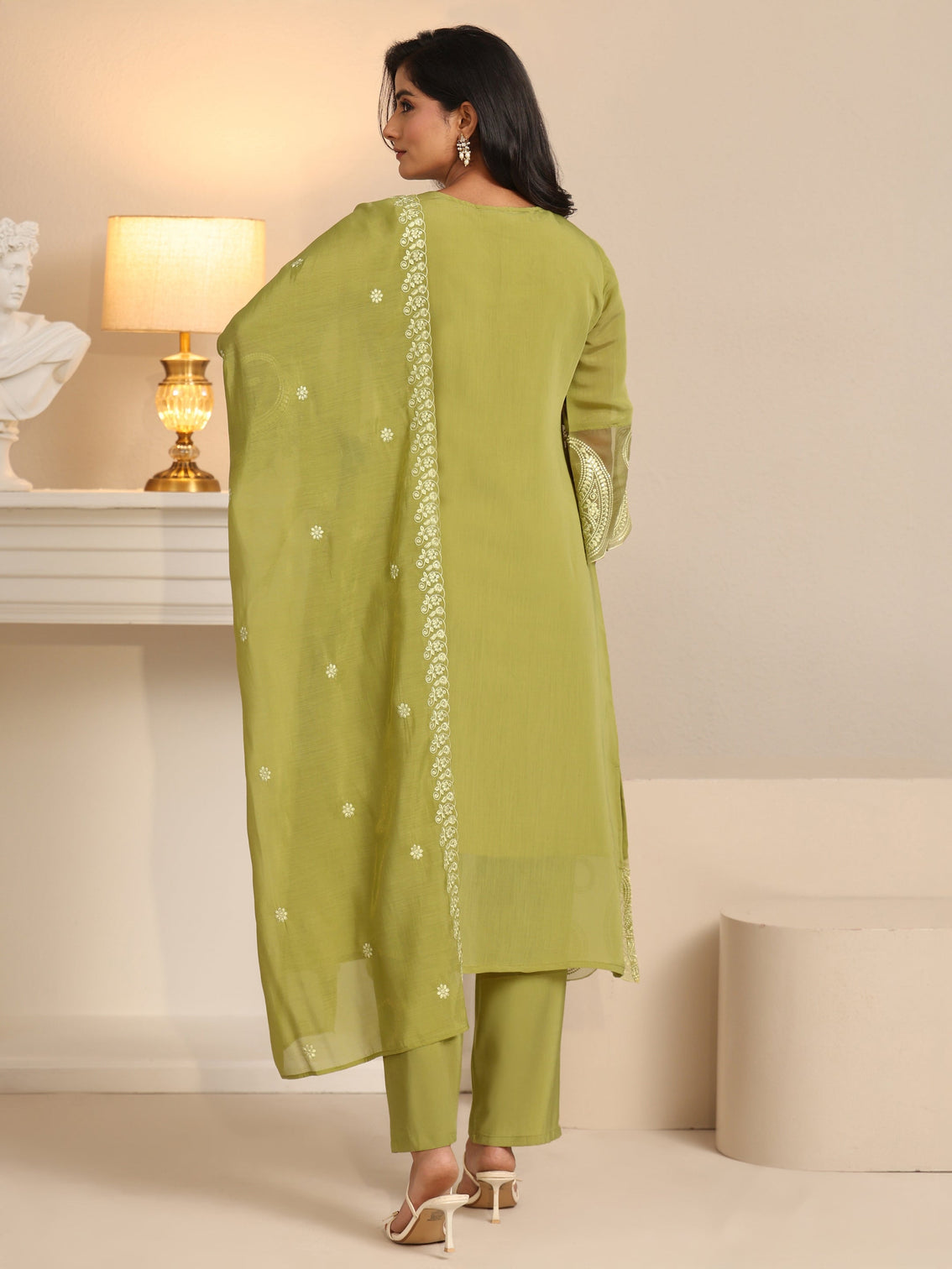 Mameraa Olive Green Paisley Embroidered Chanderi Cotton Straight Suit Set
