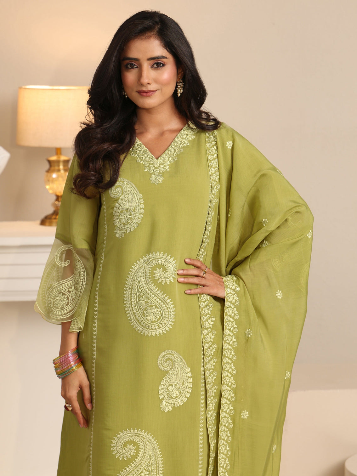 Mameraa Olive Green Paisley Embroidered Chanderi Cotton Straight Suit Set