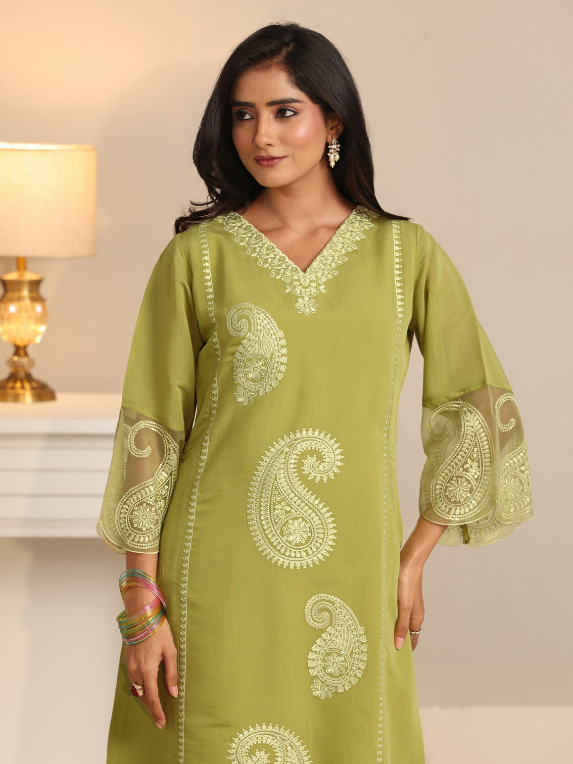Mameraa Olive Green Paisley Embroidered Chanderi Cotton Straight Suit Set